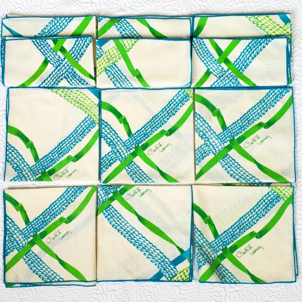 Carleton Varney Designer Vintage Napkins "Set Of 12" White Turquoise Green Sq… - Picture 8 of 16